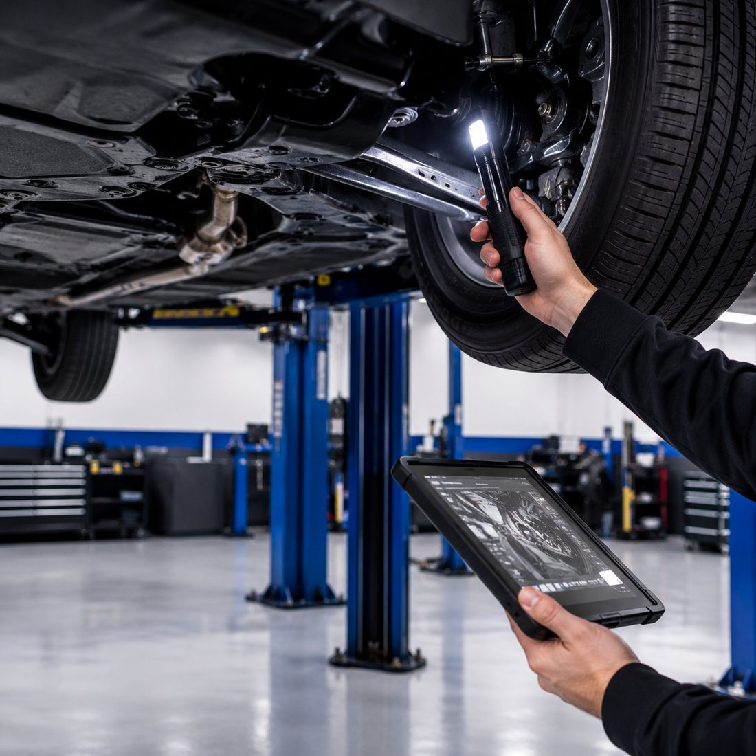Inspecting the underside of a vehicle on the lift and documenting it on a tablet