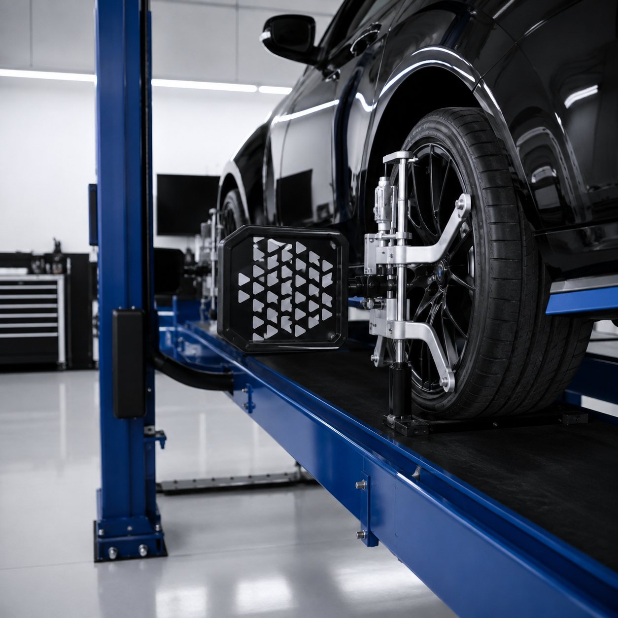 A wheel mounted on the alignment rack at DAVID's Auto Care in Sioux Falls