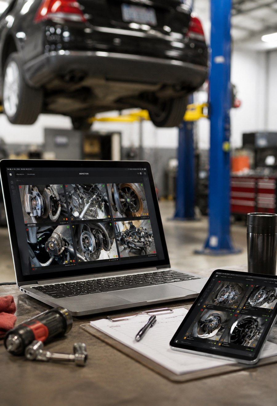 A digital inspection report showing photographed findings from a vehicle on the lift at DAVID's Auto Care