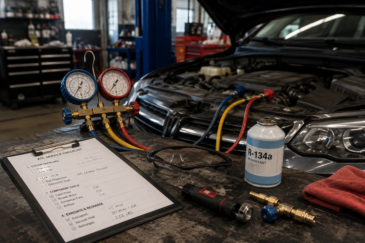A completed air conditioning service checklist recording system pressures, leak check, component check and recharge weight