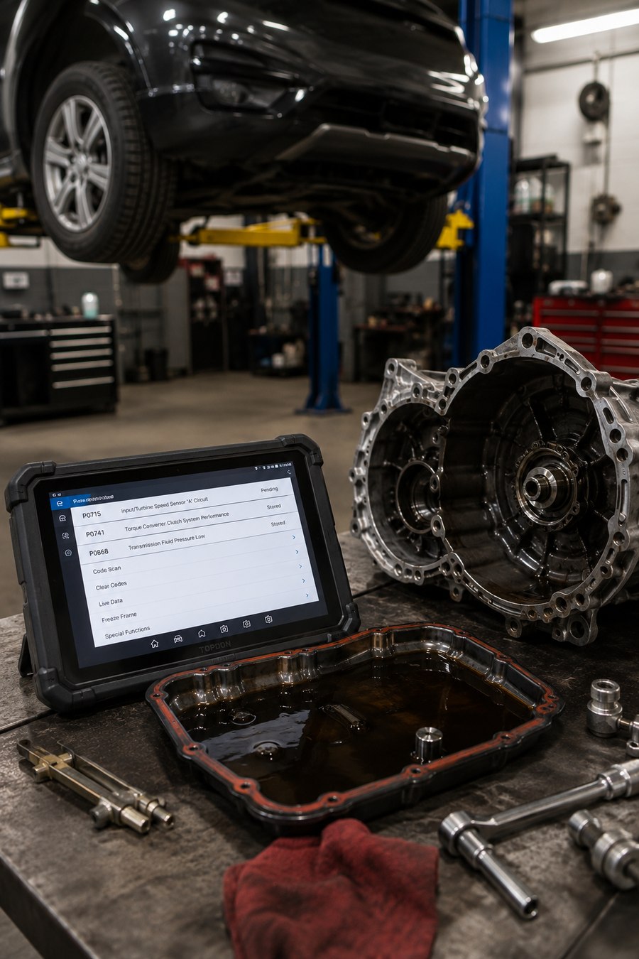 Stored transmission trouble codes on a scan tool beside a dropped fluid pan and transmission case