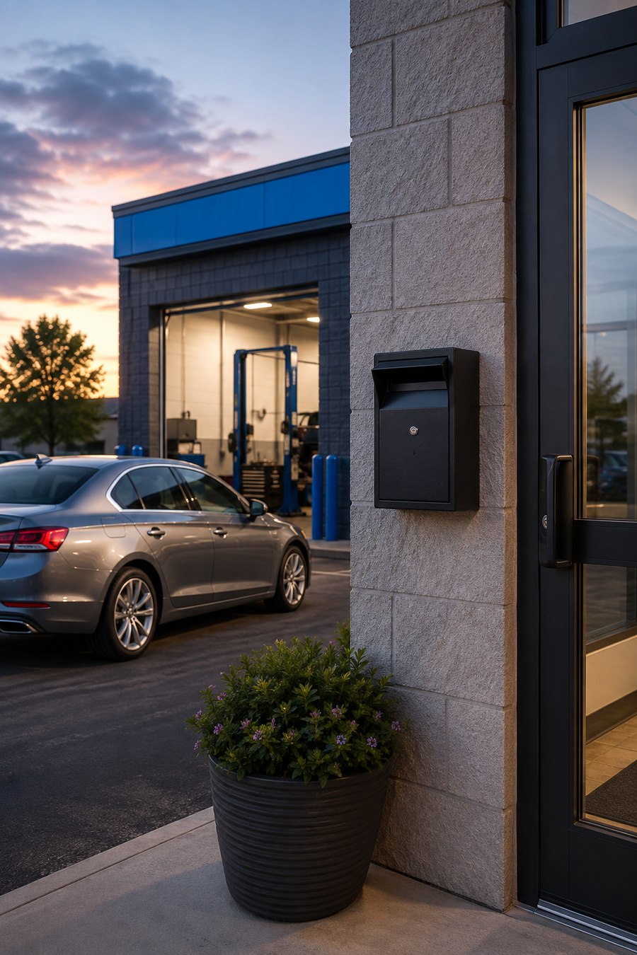 The secure after hours key drop box beside the entrance at DAVID's Auto Care in Sioux Falls