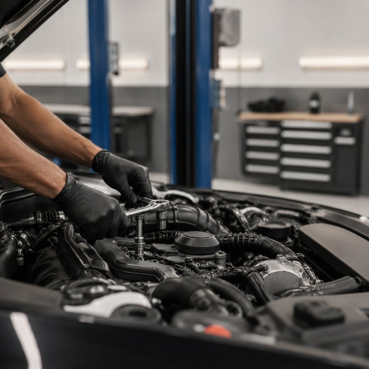 A technician working on an engine at DAVID's Auto Care in Sioux Falls