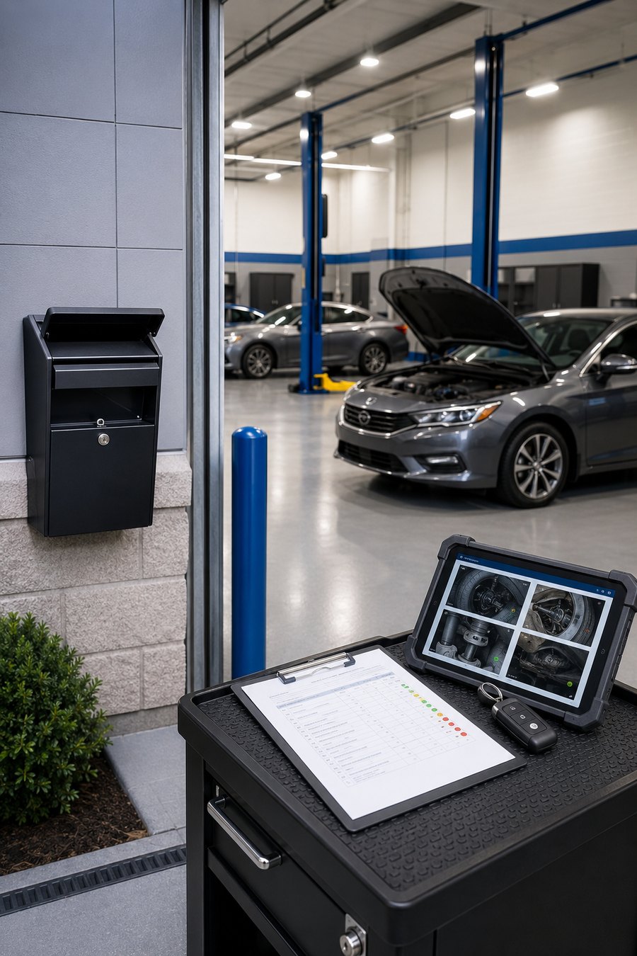 After hours key drop, inspection sheet, and a tablet showing documented photos of a vehicle at DAVID's Auto Care